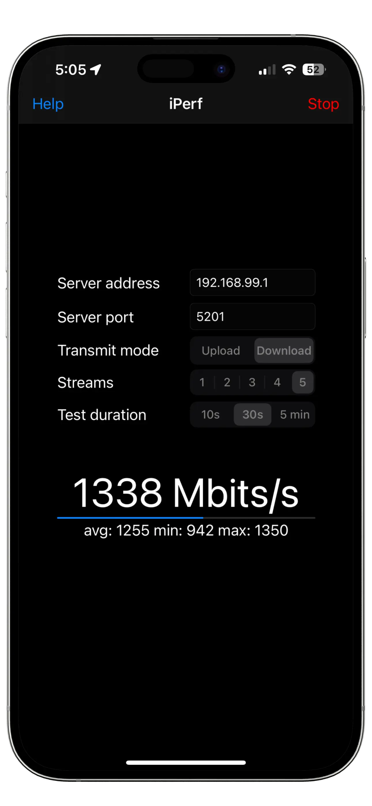 160 MHz 2 Spatial Streams 4 Meter Distance, iPhone 15 SpeedTest