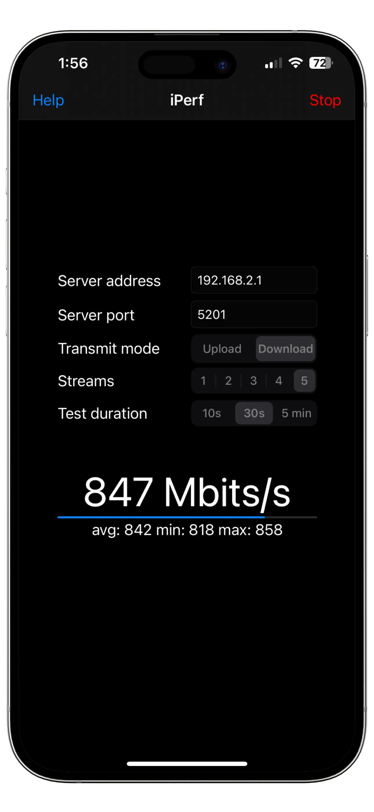 80 MHz 2 Spatial Streams 4 Meter Distance, iPhone 15 SpeedTest